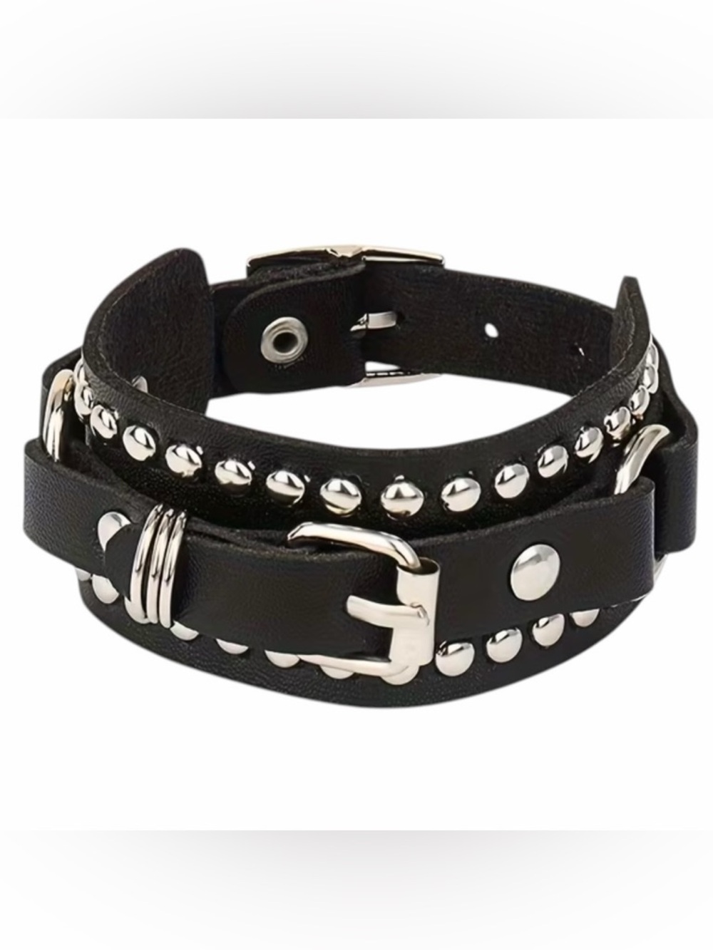 Cuff Bracelet 7”-8” Buckle Studded O-Ring Black Faux Leather